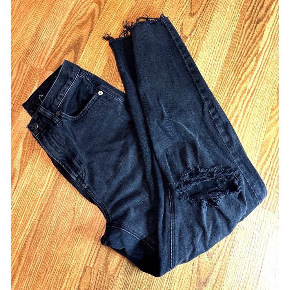 American Eagle Womens Black Distressed High Rise Mom Jeans Size 0 Regular L28